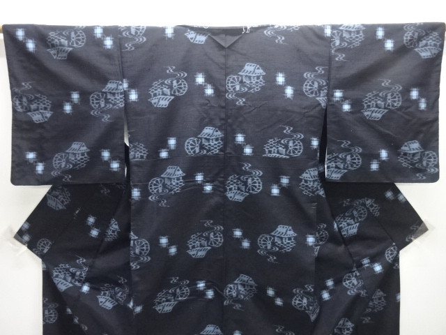  水車小屋模様織り出し手織り紬着物